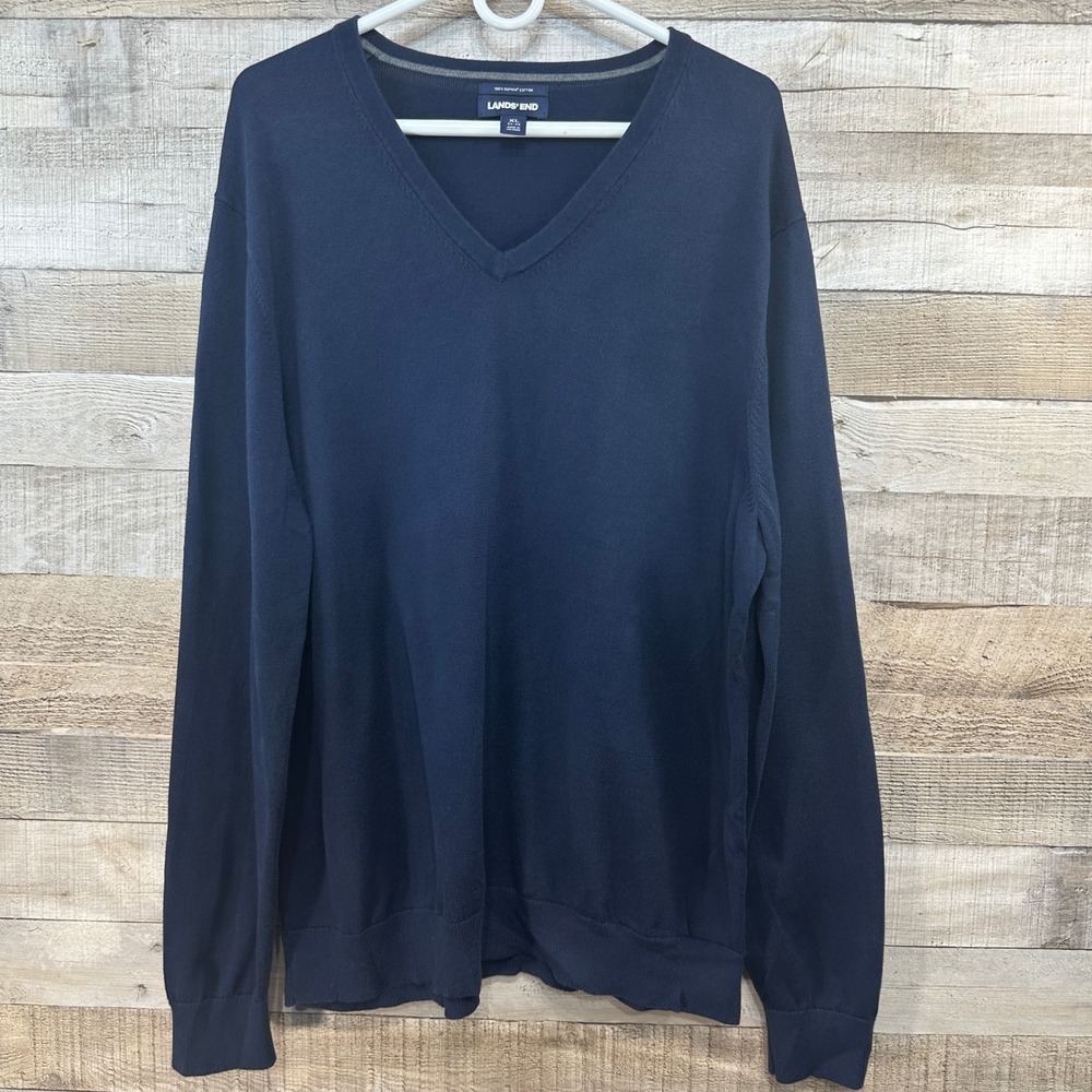 Lands End Men XL Navy Blue 100% Supima Cotton VNeck Lightweight Sweater Pullover